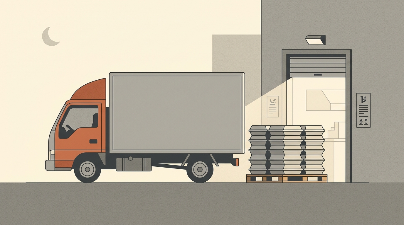 A pallet stack of identical takeaway containers being loaded onto a delivery truck overnight, illustrating asynchronous bulk processing.