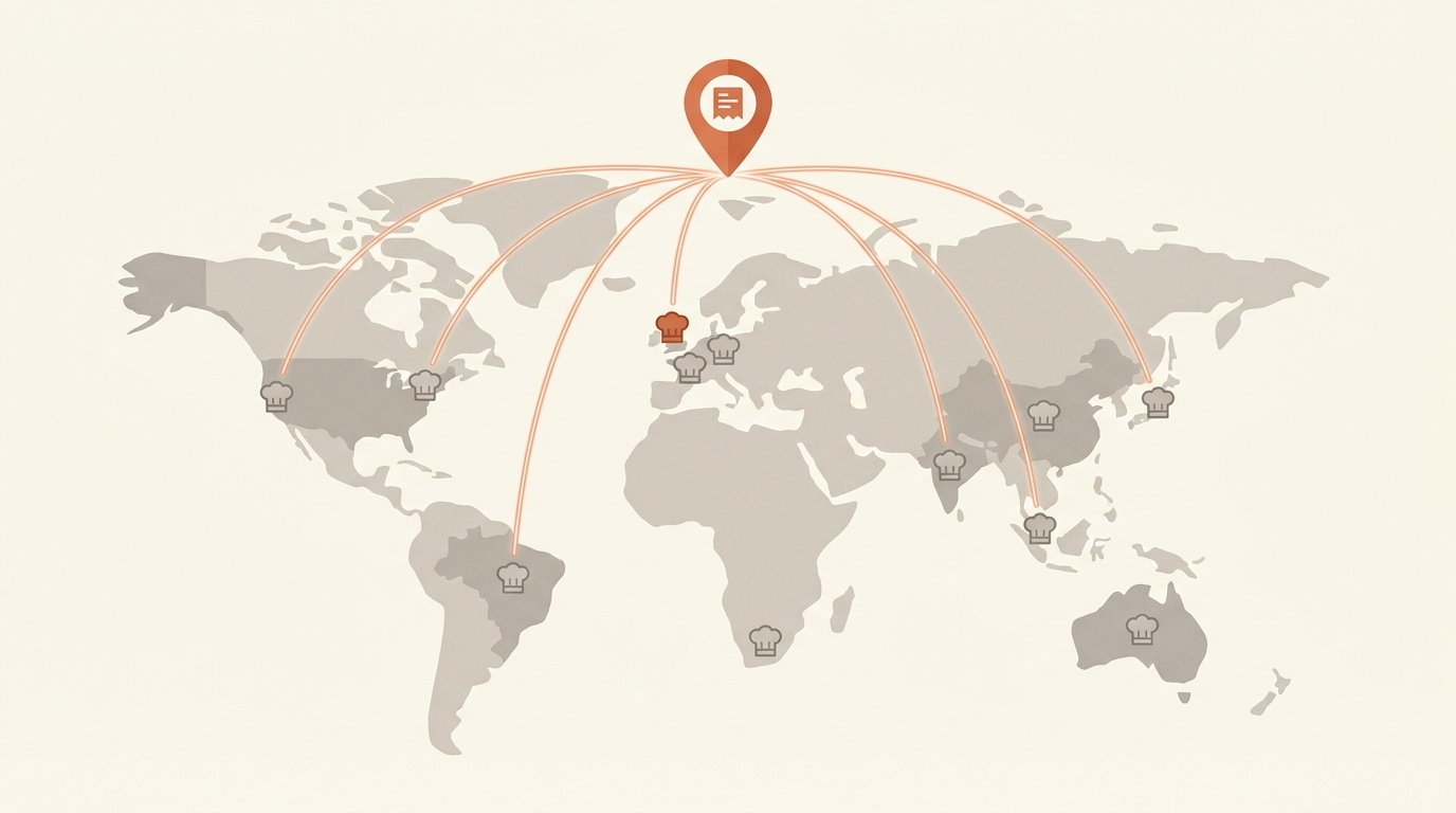Worldwide network of restaurant kitchens connected by routing lines.