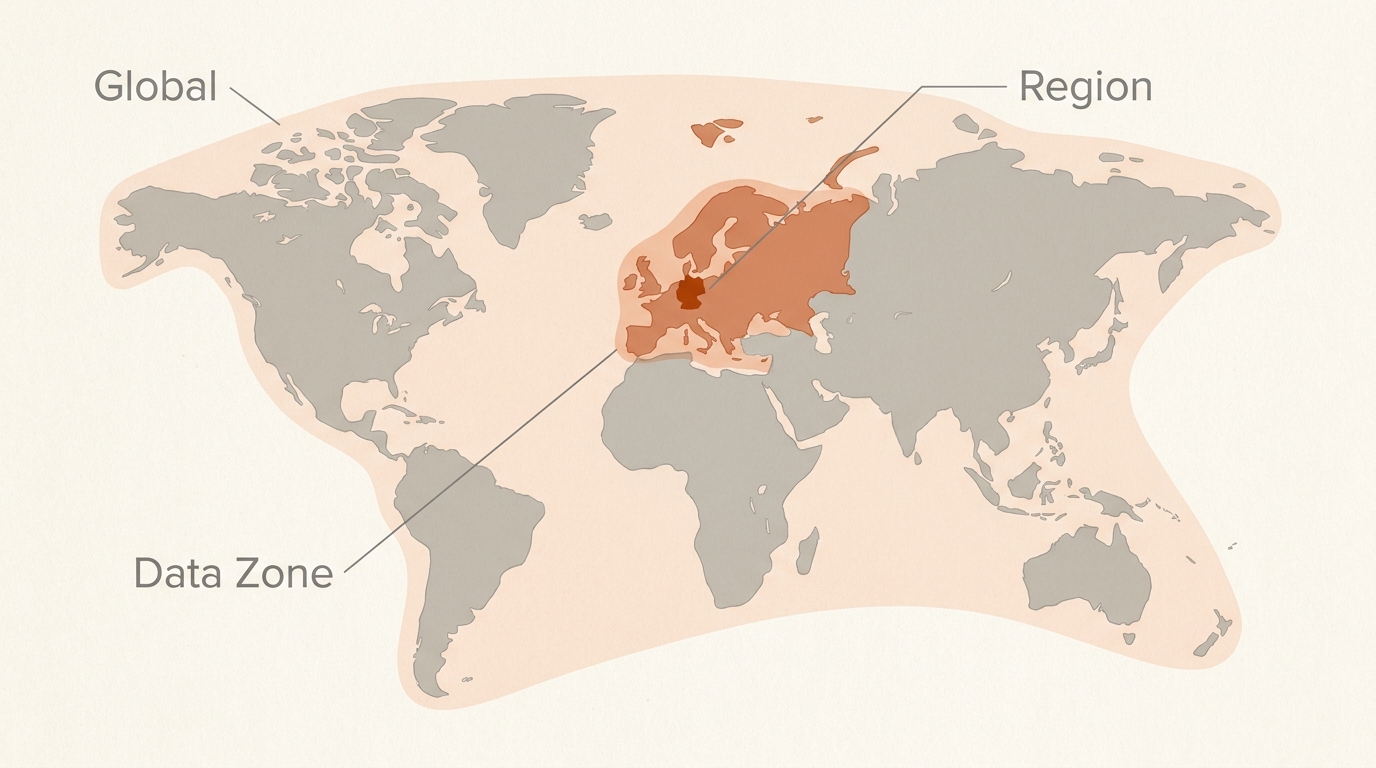 Three concentric regions on a globe — the entire world, a continent (US or EU), and a single country — illustrating the Global, Data Zone, and Regional residency tiers.