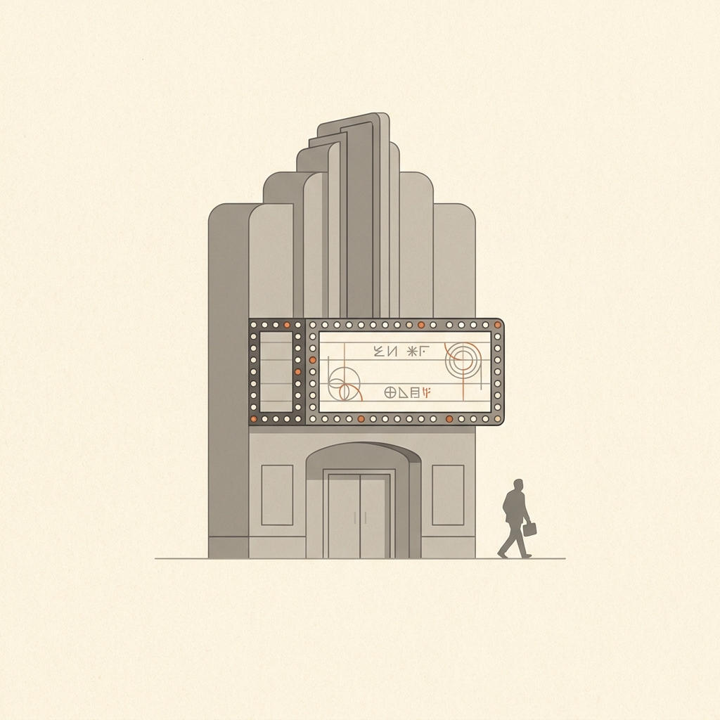 A Broadway theatre with half its marquee bulbs unlit and a single grey figure walking away from the entrance — illustrating a model in its Deprecated final-week stage.