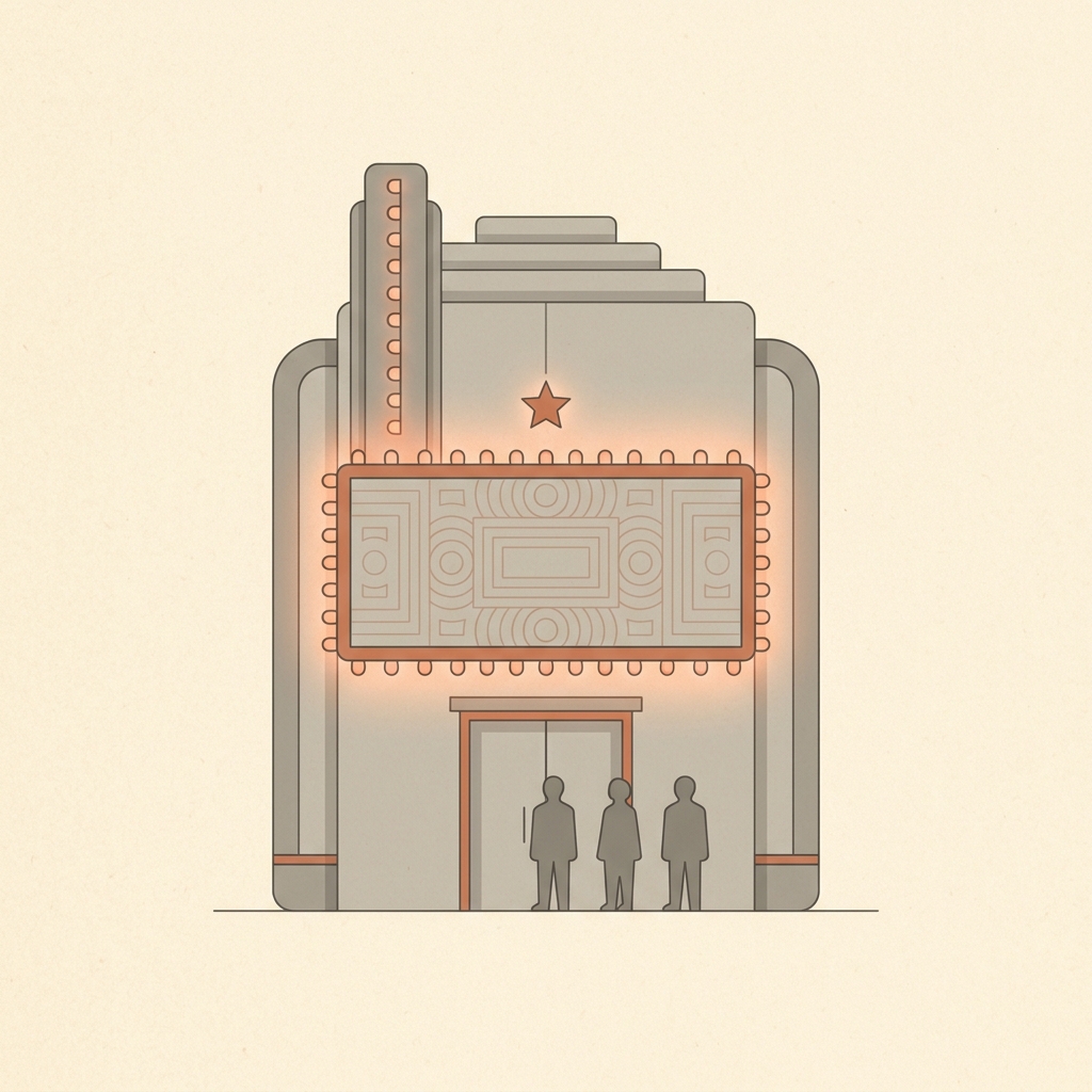 A modest Broadway theatre with terracotta-lit marquee bulbs, a small star pictogram above, and a small queue of audience figures at the entrance — illustrating a model in Preview.