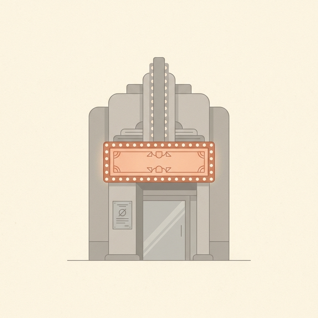 A Broadway theatre with a softer-glowing marquee and a small notice pinned beside the door — illustrating a model that has entered the Retiring phase.