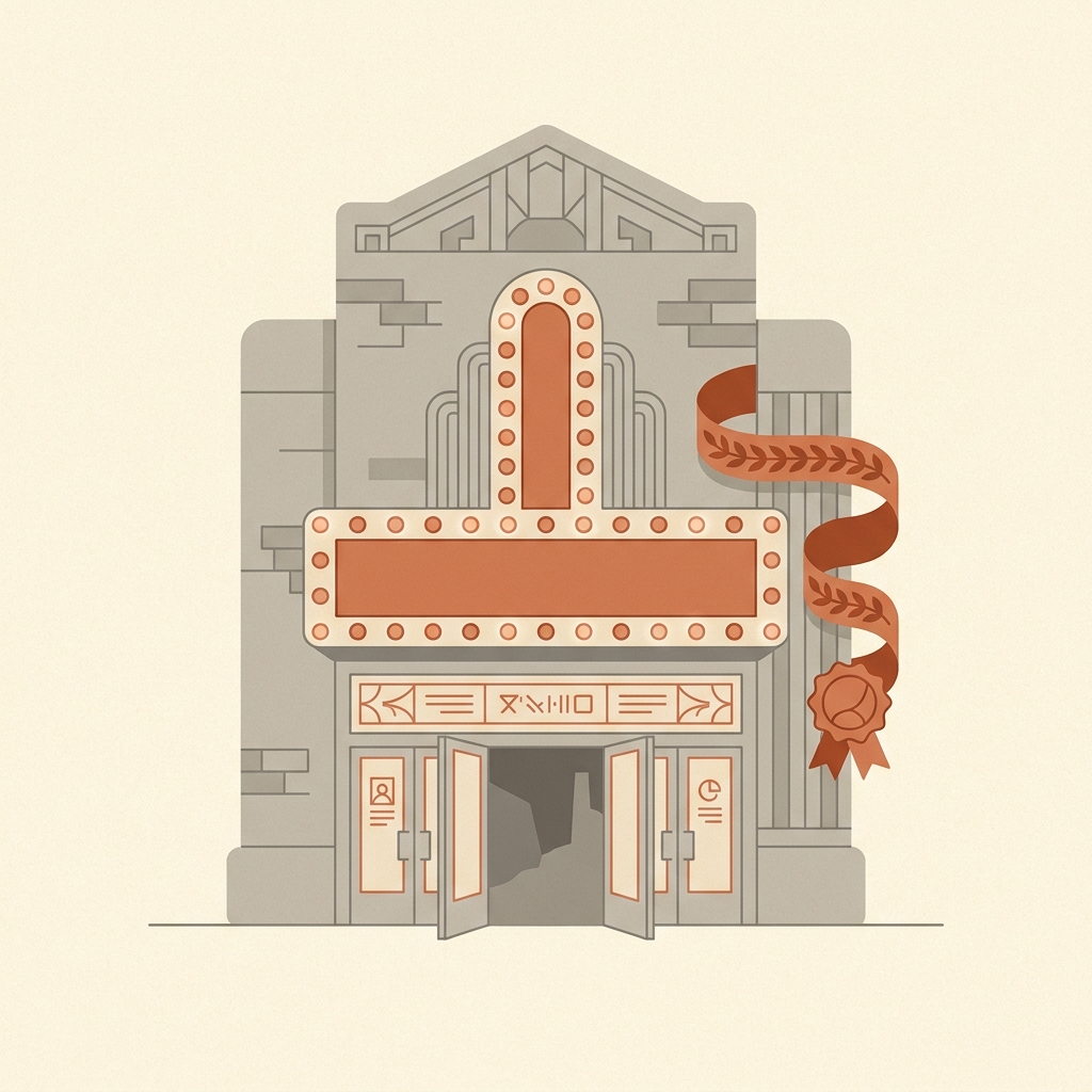 An ornate Broadway theatre with a fully-lit terracotta marquee, doors open, and a victory ribbon and laurel beside the entrance — illustrating an established Generally Available model.